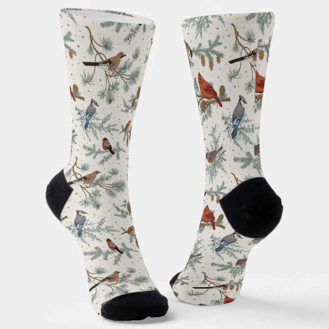 Chaussette Branches d'oiseaux et de pins d'hiver Motif (Angulaire)