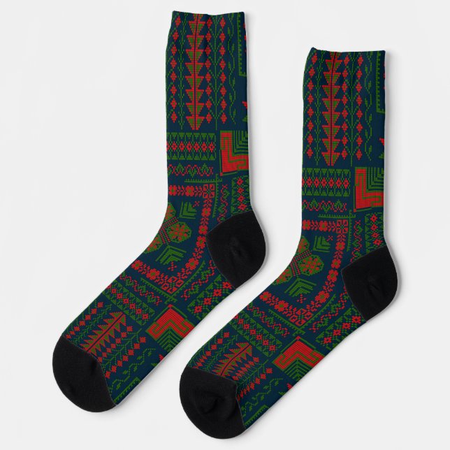 Chaussette Broderie palestinienne Tatreez rouge vert 5 Motif (Gauche)