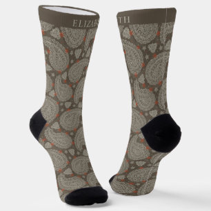 Chaussette Brown foncé Vert olive gris  Motif marguerite