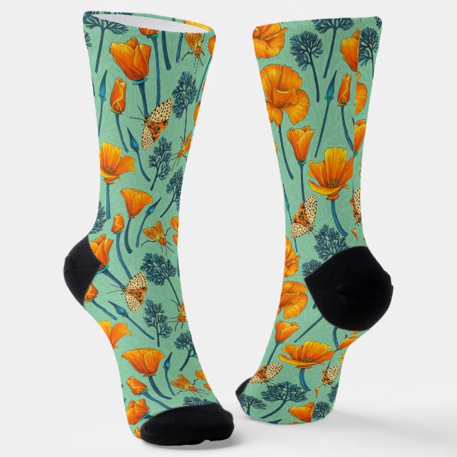Chaussette California poppies and moths on jade (Angulaire)