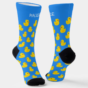 Chaussette Canard jaune mignon sur motif bleu personnalisé