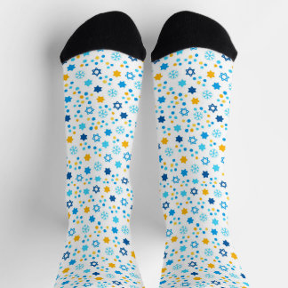 Chaussette Chanukah Etoiles juives Snowflakes Blanc Bleu Or