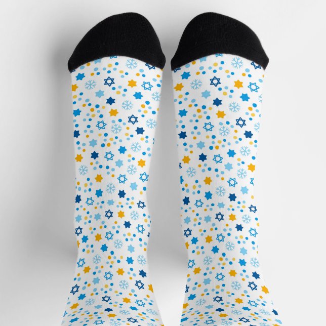 Chaussette Chanukah Etoiles juives Snowflakes Blanc Bleu Or (Haut)