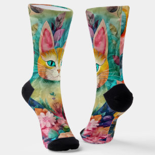 Chaussette Chat aux yeux verts entouré d'un ensemble de fleur