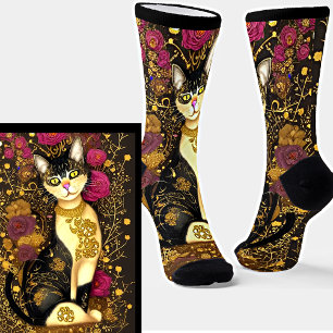 Chaussette Chat avec collier or et fleurs roses foncées