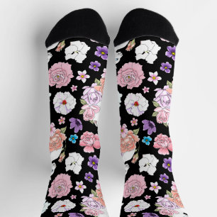 Chaussette Chat Blanc Pastel Floral Botanique Romantique Noir