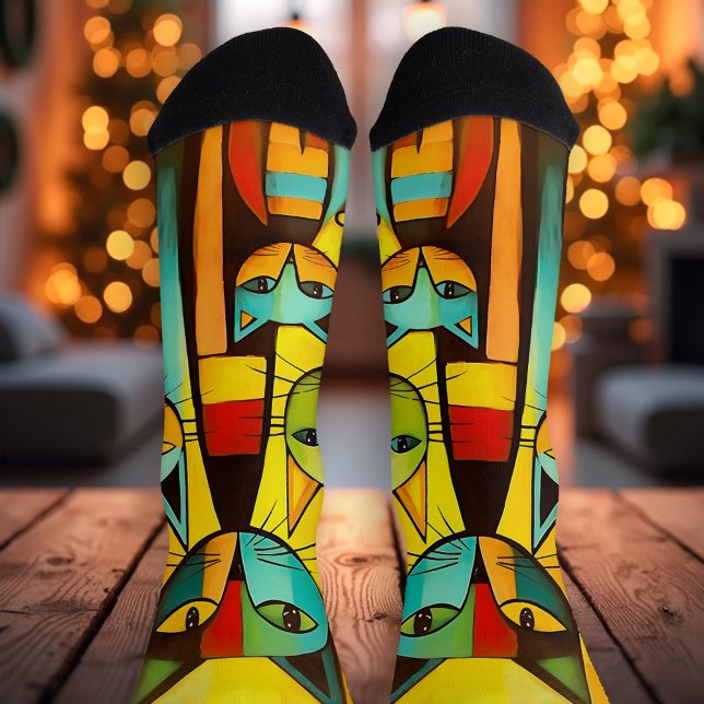 Chaussette Chat d'Art Mélange (Artistic socks featuring a fun colorful painting with cute cats. Nice surprise for Christmas)