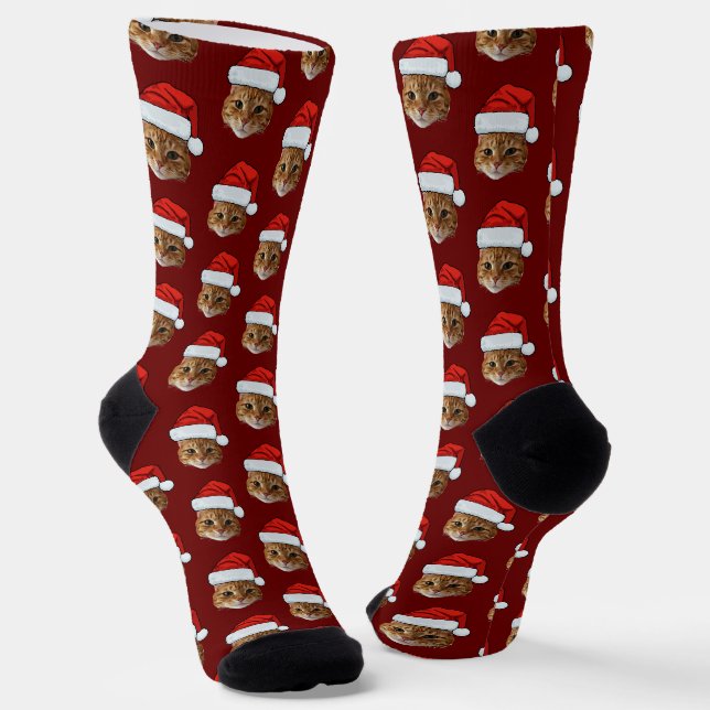 Chaussette Chat drôle Personnalisé Photo Visage Santa Hat Noë (Angulaire)
