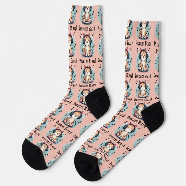 Chaussette Chat mignon avec casque Kawaii Music Lover Art (Gauche)