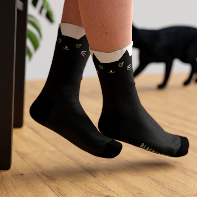 Chaussette Chat noir mignon Yeux verts Chaussettes personnali (For green eyed black cat loving feet. Add your name)