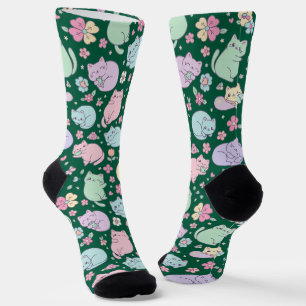 Chaussette Chats Kawaii Pastel et Motif de Fleurs de Printemp