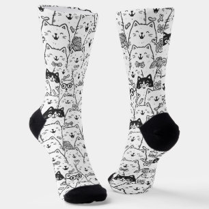 Chaussette Chaussettes à motif de visage de chat doodle noir 