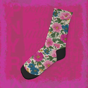 Chaussette Chaussettes Équipage Crème à Fleurs Rose et Bleu G