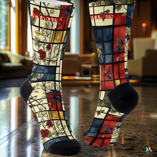 Chaussette Chaussettes Florales Élégantes avec Motif Grille R (Créateur téléchargé)