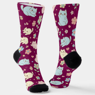 Chaussette Chaussettes Motifs Kawaii Pastel Chats et Fleurs