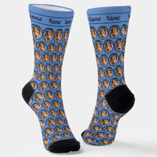 Chaussette Chaussettes tête de chien avec nom sur bleu