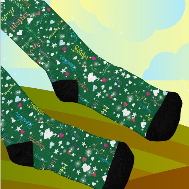 Chaussette Chaussettes vert émeraude pleines de noms Coeurs e (Créateur téléchargé)