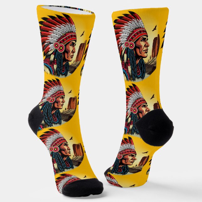 Chaussette Chef amérindien sur paysage sauvage coucher de sol (Angulaire)