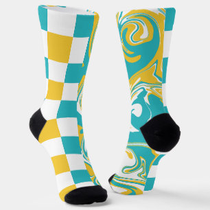 Chaussette Chèques et permules en Turquoise, Jaune et Blanc
