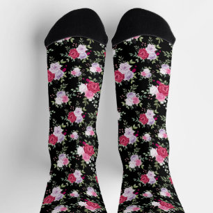 Chaussette Chic rouge et rose Fleur sur noir stylé