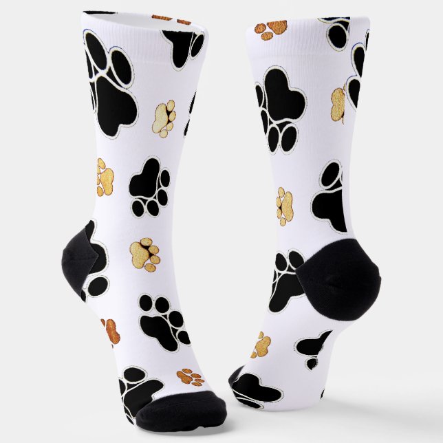 Chaussette Chien canin noir et tan empreinte de patte blanc (Angulaire)