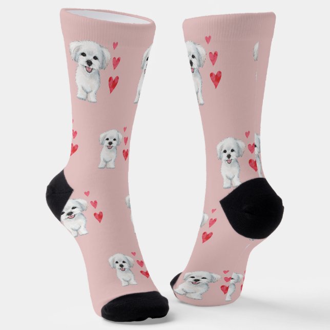 Chaussette Chien maltais blanc Motif sur rose (Angulaire)