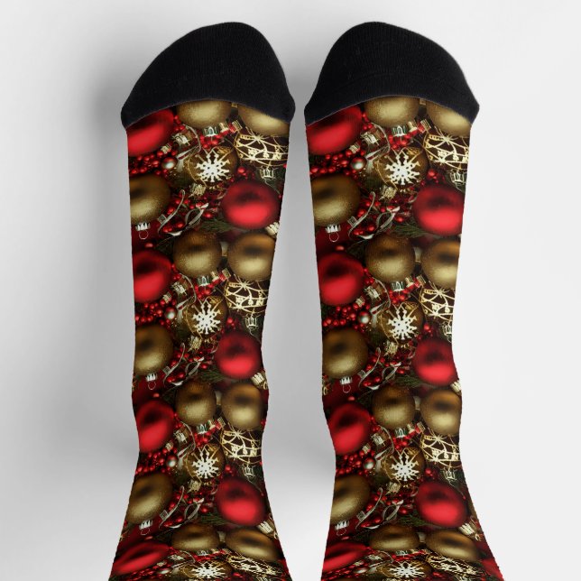Chaussette Chocolat Brown et ornements de Noël rouge rubis (Haut)