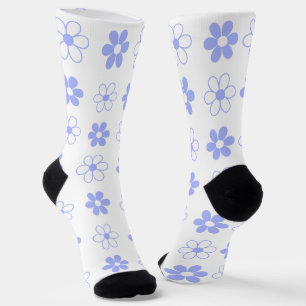 Chaussette Ciel Bleu & Motif Floral Blanc sur Fond Blanc