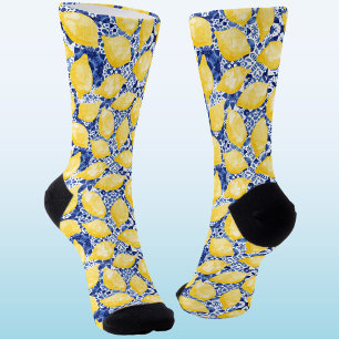 Chaussette Citron Citrus Méditerranée Carreau Bleu Aquarelle