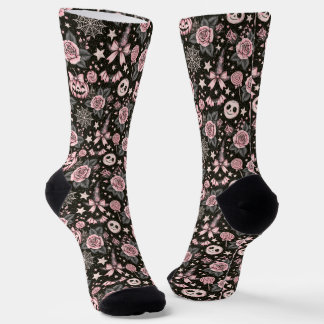 Chaussette Citrouille rose et noire, motif toile d'araignée e