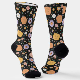 Chaussette Citrouilles d'Halloween rétro et Motif de fleurs