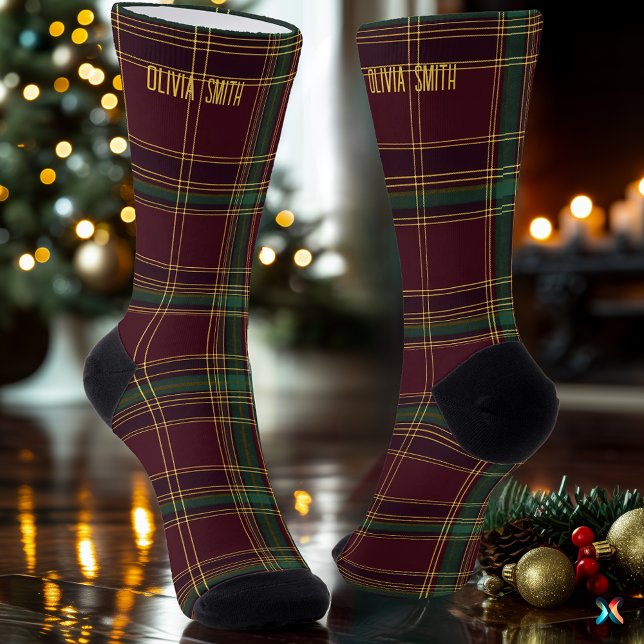 Chaussette Classic Burgundy and Gold Christmas Plaid Custom (Créateur téléchargé)