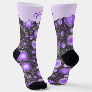 Chaussette Coeur gris violet blanc et nom floral