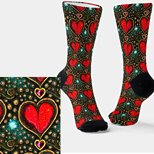 Chaussette Coeur rouge vintage en or avec pierres précieuses
