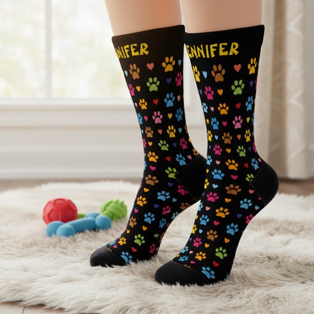 Chaussette Coeurs de nom personnalisés et chaussettes Emprein (🐾 Bright, bold & custom – paw print socks for pet lovers!)