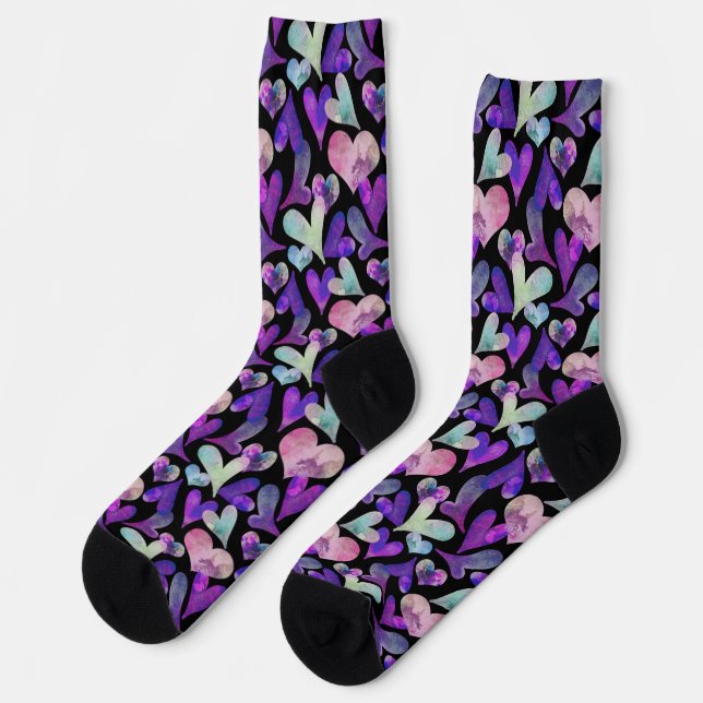 Chaussette Coeurs peints en violet sur mignon noir (Gauche)