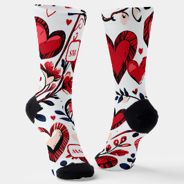 Chaussette Coeurs rouges féminins mignons, floraux. Monogramm