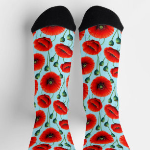 Chaussette Coquelicots rouges vibrants sur un fond bleu clair