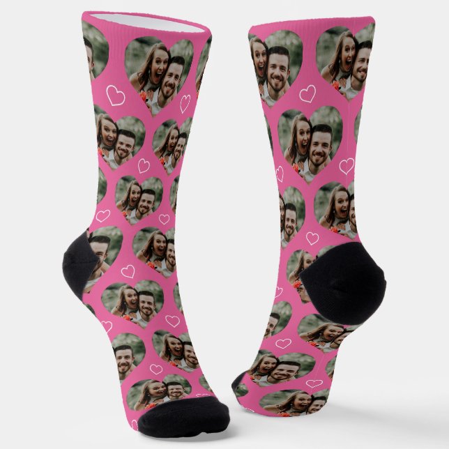 Chaussette Couple photo personnalisée Coeur Aimer rose (Angulaire)