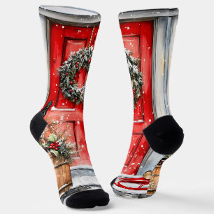 Chaussette Couronne de porte de Noël rouge hivernal rustique
