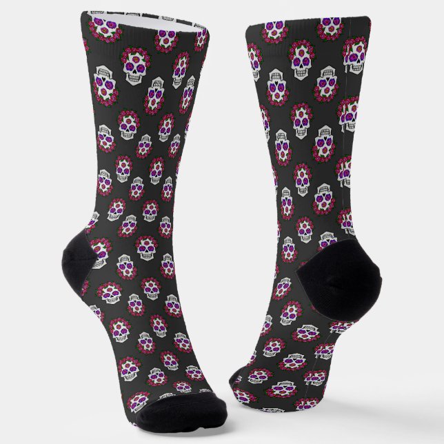 Chaussette Crâne avec roses Halloween Jour des morts (Angulaire)
