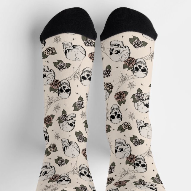 Chaussette Crânes gothiques blancs antiques et fleurs Roses (Haut)