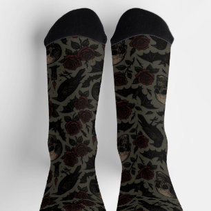 Chaussette Crânes gothiques, corbeaux et Motif Rose