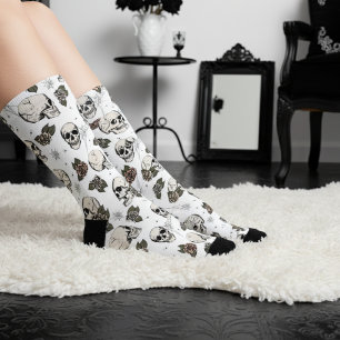 Chaussette Crânes gothiques noirs et blancs et fleurs Roses