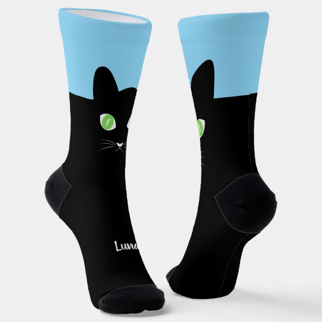 Chaussette Custom Black Cat Photo Socks with Name - Cat Lover (Angulaire)