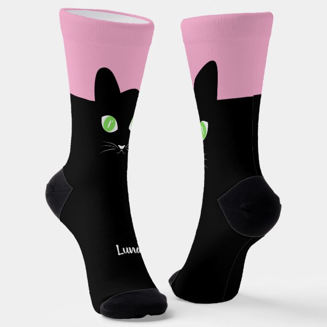 Chaussette Custom Black Cat Photo Socks with Name - Cat Lover (Angulaire)