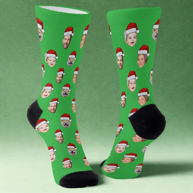 Chaussette Custom Face Santa Hat Socks, 4 Photos Xmas Green (Créateur téléchargé)