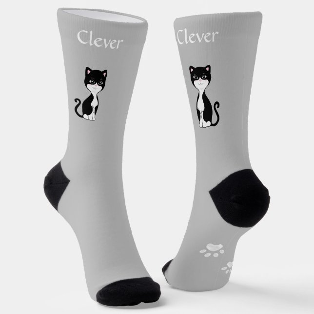Chaussette Cute Funny Tuxedo Chat et pattes sur gris clair (Angulaire)
