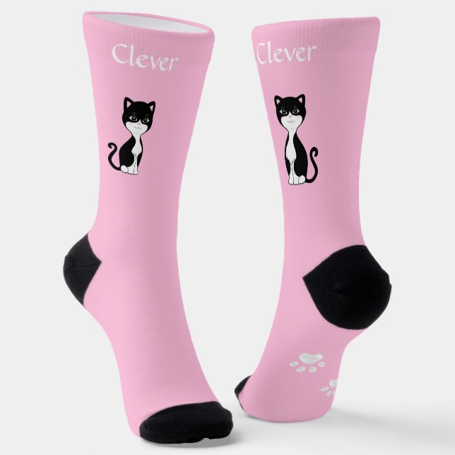 Chaussette Cute Funny Tuxedo Chat et pattes sur rose clair (Angulaire)