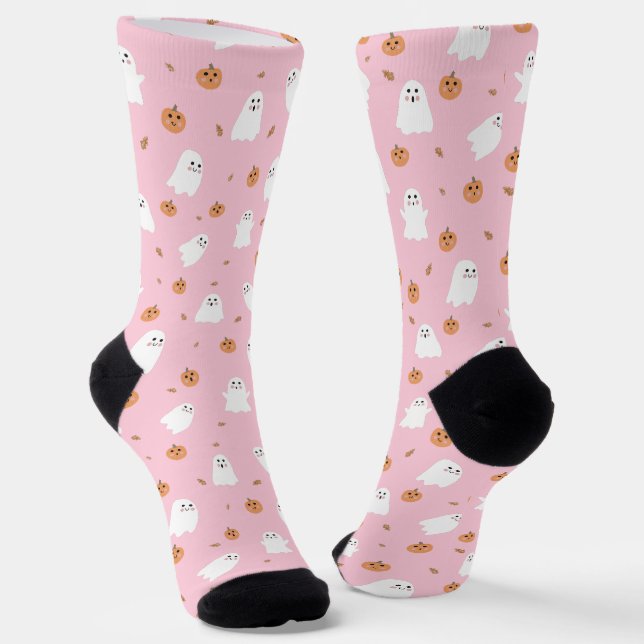 Chaussette Cute Ghost & Pumpkin Pink Halloween Pattern (Angulaire)